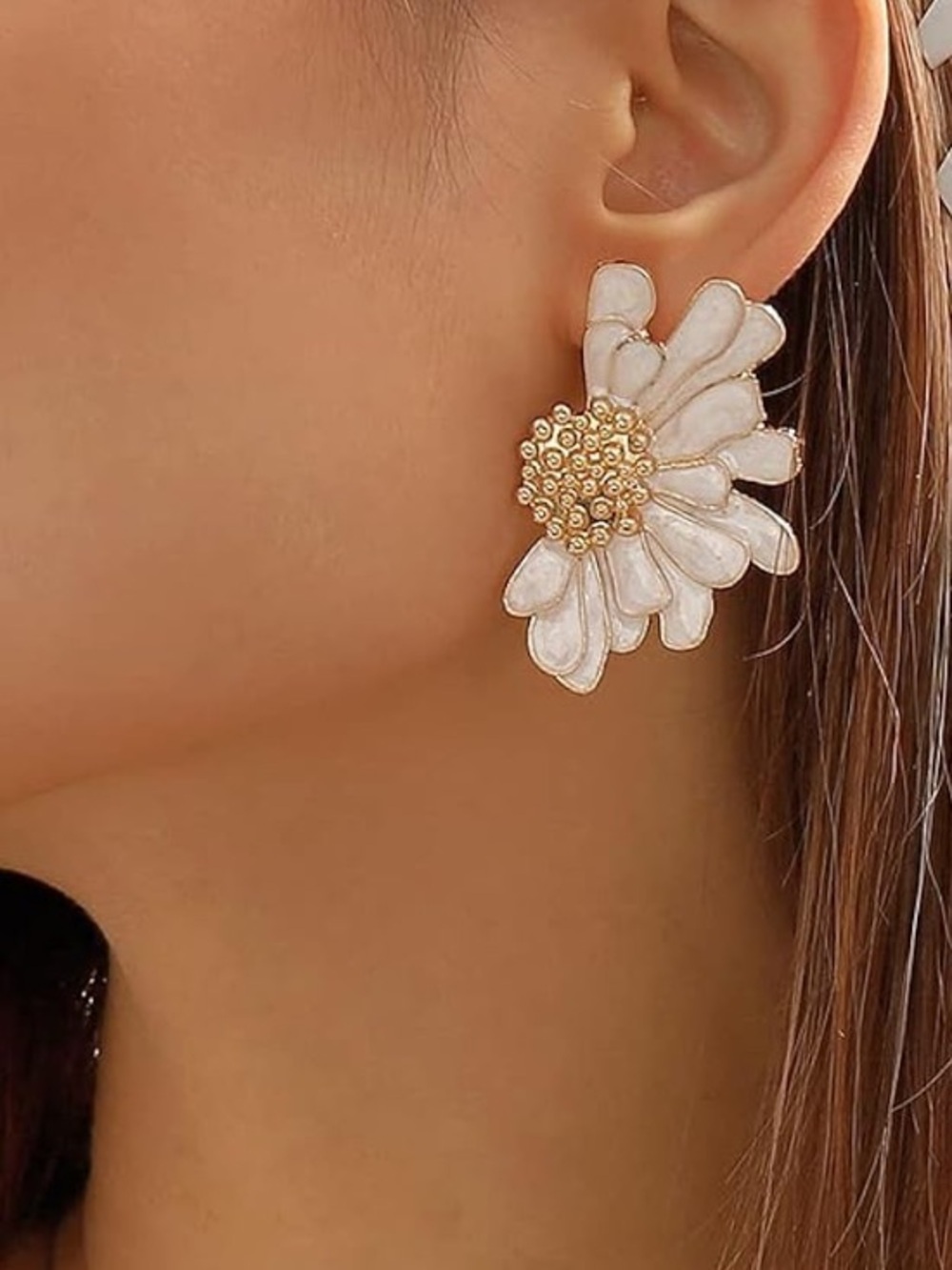 White Daisy Flower Statement Earrings | Gold Tone Floral Stud Earrings | Cute Sp